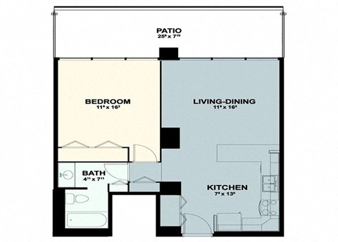Floor plan for 1 bed, 1 bath, 679 sqft